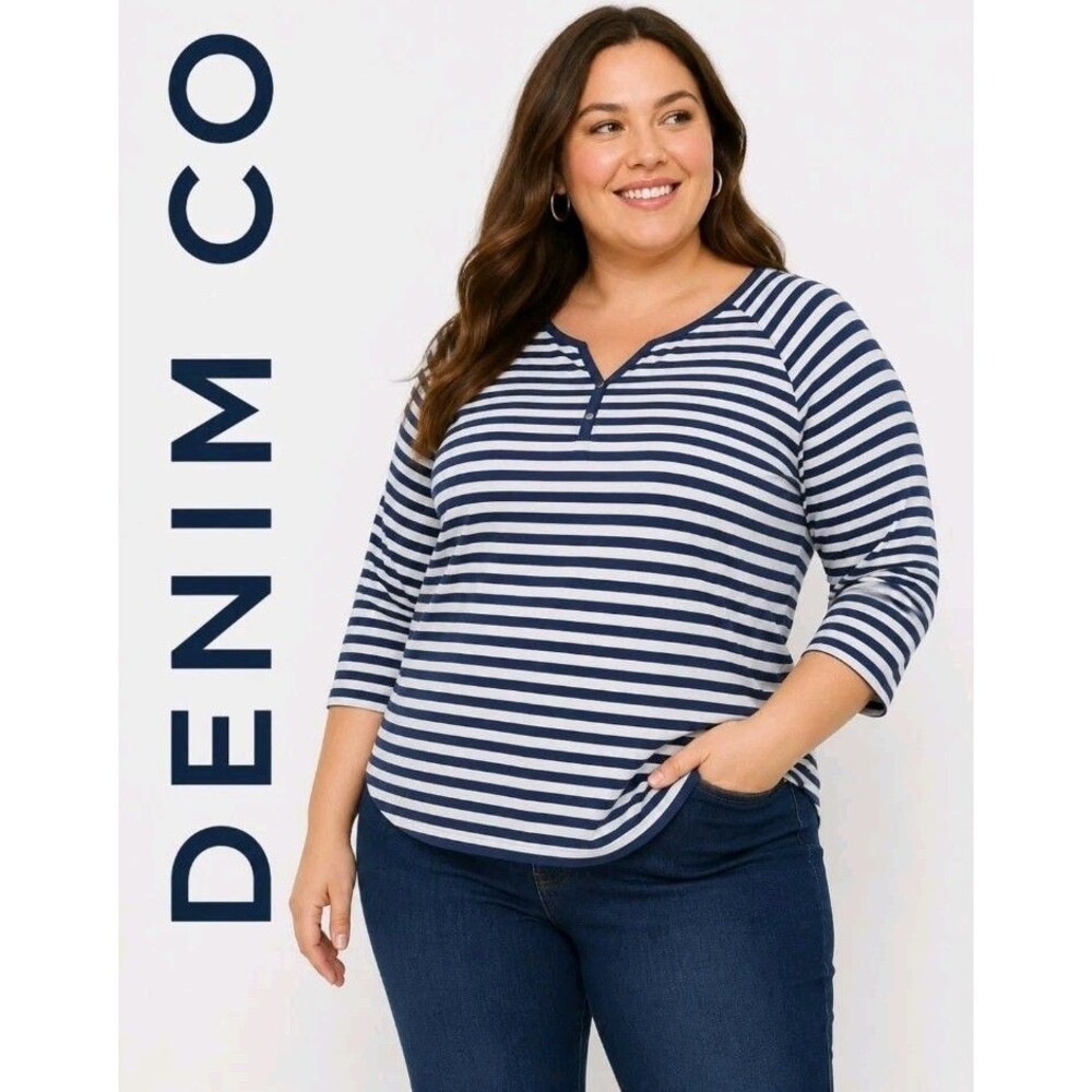 NWOT DENIM CO Womens 3X Henley Nautical Stripe 3/4 Sleeve Navy Blue Top A396671